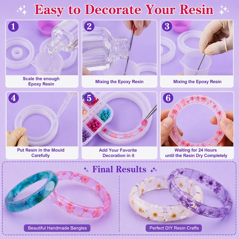 May include: A step-by-step guide for resin crafts. The image shows the process of making resin bangles, including mixing epoxy resin, adding decorations, and waiting for the resin to dry. The final results are colorful, floral bangles.