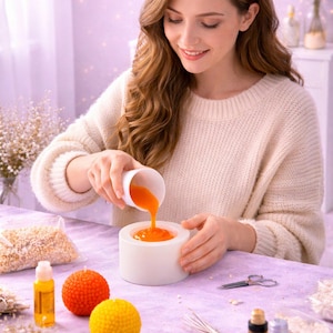 Könnte beinhalten: Eine Person gießt orangefarbene Flüssigkeit in eine weiße Kerzenform. Die Szene umfasst orangefarbene und gelbe kugelförmige Kerzen, ätherische Ölflaschen und Bastelzubehör auf einer lila Oberfläche. Die Person trägt einen cremefarbenen Pullover.