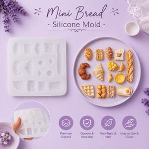 May include: A square white silicone mold for miniature bread shapes, accompanied by a round plate displaying various baked goods like croissants, baguettes, and waffles. The text reads Mini Bread Silicone Mold, Premium Silicone, Durable & Reusable.