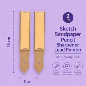 Puede incluir: Dos afiladores de lápices de papel de lija para bocetos, cada uno de 16 cm de largo y 3 cm de ancho, se muestran sobre un fondo morado. El texto dice "Sketch Sandpaper Pencil Sharpener Lead Pointer" y "Art Drawing Tool."