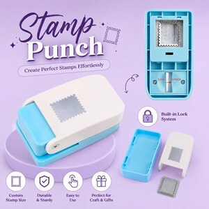 May include: A blue and white stamp punch with the text "Stamp Punch" and "Create Perfect Stamps Effortlessly". The tool has a built-in lock system and is designed for custom stamp sizes. The image also shows a stamp and the words "Durable & Sturdy", "Easy to Use", and "Perfect for Craft & Gifts".
