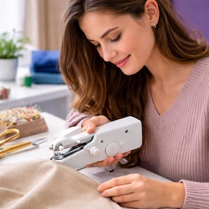 May include: A white handheld sewing machine with a red thread is used to sew a piece of beige fabric. The machine has a simple design with a round dial and a needle. The scene is set on a white table with sewing supplies.