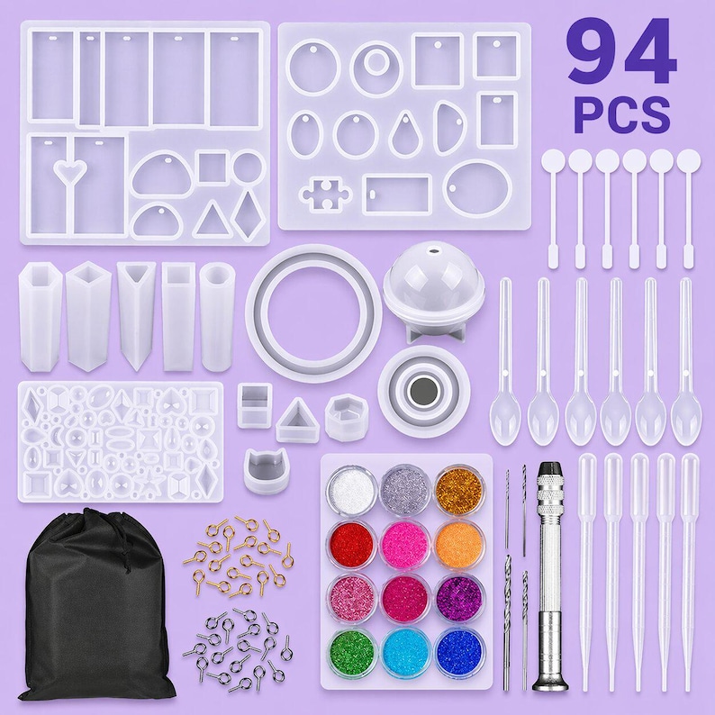 May include: A comprehensive resin art kit with molds, glitter, tools, and accessories. Includes various silicone molds in different shapes, glitter pots in multiple colors, mixing tools, and a black storage bag. The image shows the text "94 PCS".