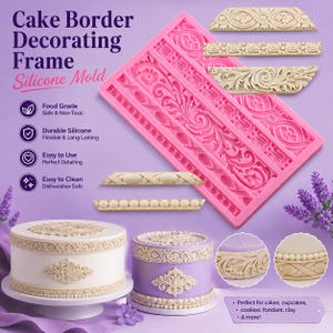 May include: Pink silicone cake border decorating frame with various decorative designs. The image includes examples of cakes decorated with the border designs. Text on the image says "Cake Border Decorating Frame Silicone Mold".