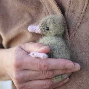 Puede incluir: Un peque&ntilde;o pato de peluche tejido con un pico rosa y plumas grises, sostenido en una mano.