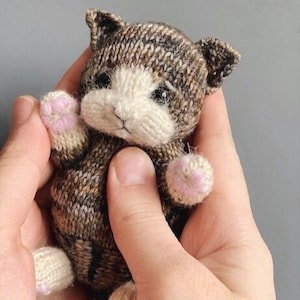 May include: A small knitted cat toy with brown, white, and pink yarn. The cat has a white face with black eyes and a pink nose.