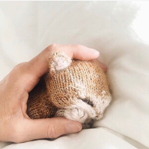 May include: A hand holding a small knitted cat toy. The cat is brown with white accents and has a sleepy expression.