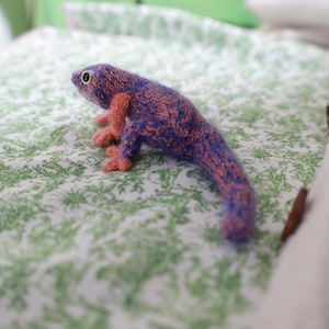 Könnte beinhalten: Eine gestrickte Echsenfigur mit einem strukturierten Muster aus violettem und orangefarbenem Garn. Das Tier hat einen langen Schwanz, vier Beine mit sichtbaren Zehen und einen kleinen Kopf mit einem Auge, das eine weiße Iris und eine schwarze Pupille hat.
