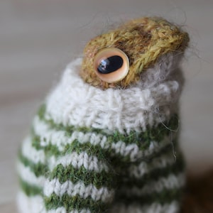 May include: A knitted frog wearing a green and white striped sweater with a white turtleneck. The frog has a large brown eye with a black pupil.