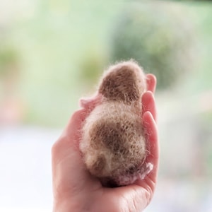 Puede incluir: Una mano sosteniendo un peque&ntilde;o animal de punto marr&oacute;n y blanco. El animal tiene forma de pato y una textura esponjosa.