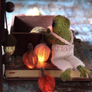 Peut inclure: Une grenouille en tricot portant une salopette est assise sur un livre avec une guirlande de citrouilles et de glands en tricot. Les citrouilles sont &eacute;clair&eacute;es de l'int&eacute;rieur, cr&eacute;ant une lueur chaleureuse.