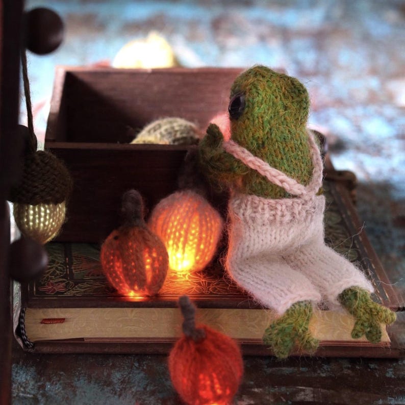 Peut inclure: Une grenouille en tricot portant une salopette est assise sur un livre avec une guirlande de citrouilles et de glands en tricot. Les citrouilles sont &eacute;clair&eacute;es de l'int&eacute;rieur, cr&eacute;ant une lueur chaleureuse.
