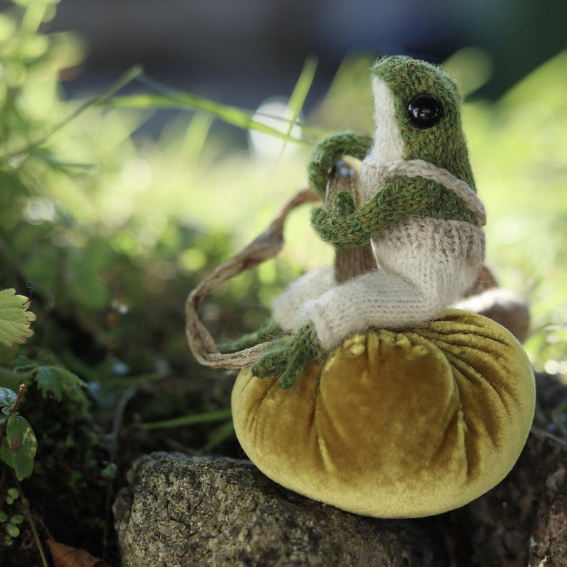 Peut inclure: Une grenouille en tricot vert portant une tenue en tricot blanc est assise sur une citrouille en velours jaune. La grenouille tient une corde brune dans ses mains.