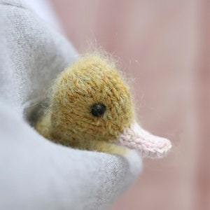 Puede incluir: Un peque&ntilde;o juguete de peluche de patito amarillo con un pico rosa, sostenido en una mano.