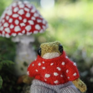 Peut inclure: Une grenouille en tricot portant un pull rouge &agrave; pois blancs et un pantalon gris se tient devant un champignon rouge et blanc.
