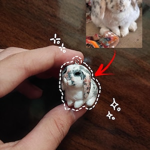 Puede incluir: Un pequeño dije de conejo esculpido a mano con una base blanca y manchas grises y marrones, que coincide con la apariencia del conejo vivo que se muestra en la foto insertada. El dije incluye un pequeño lazo de metal en la parte superior.