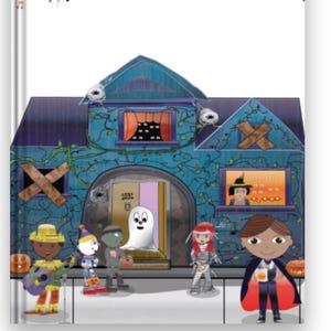 May include: A children's book cover with the text "Let's Trick Or Treat The Night Away!" features a blue house with Halloween characters. A ghost, witch, and other figures stand in front of the house. Musical notes and bats decorate the top.