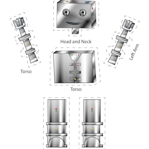 May include: A paper robot puppet creation with a head, torso, arms, and legs. The robot's head is a silver rectangle with a smiling face and small colored squares. The torso has a buttoned design. The text "Paper Robot Puppet Creation GT8 Studios" is at the top.