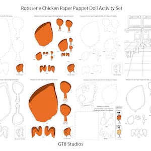 May include: A Rotisserie Chicken Paper Puppet Doll Activity Set with various cut-out shapes, including chicken pieces, wings, and legs. The set includes coloring pages and drawing instructions. The text "GT8 Studios" is visible.