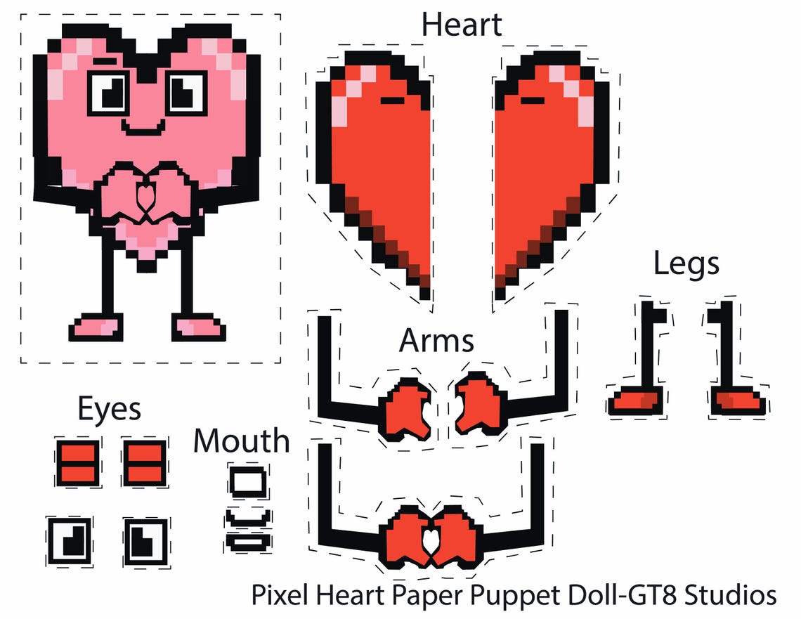 Pixel Heart Paper Puppet Activity Set, Retro 8-bit Craft (digital ...