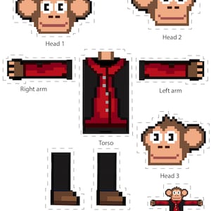 May include: A pixelated paper puppet mascot with a monkey theme. The image includes separate cut-out pieces for the head, torso, arms, and legs. The torso is red and black, and the legs are black with brown shoes. The text "GT8 Studios Paper Puppet Mascot" is at the bottom.