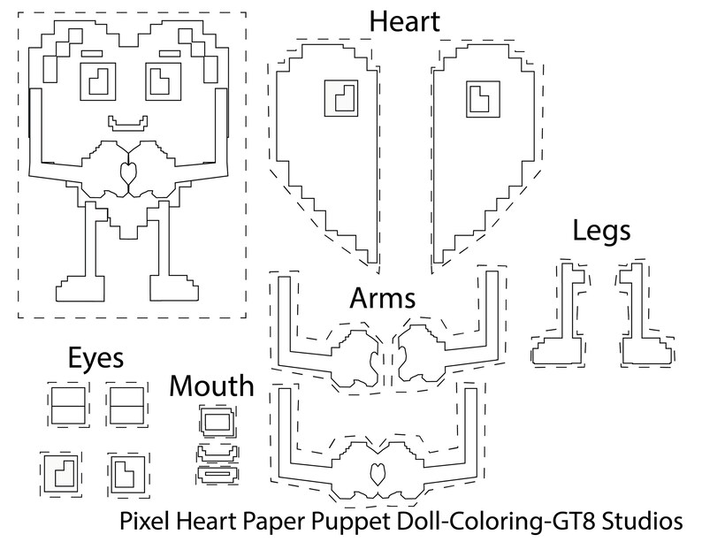 Pixel Heart Paper Puppet Activity Set, Retro 8-bit Craft (digital ...