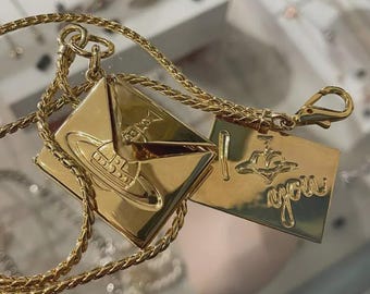 Collar con medallón en forma de sobre dorado, colgante interactivo con carta de amor, cadena estilo Orb Vivienne