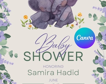 Modern Purple & Green Baby Shower Invitation, Editable Template, Floral Digital Download, Canva Customizable