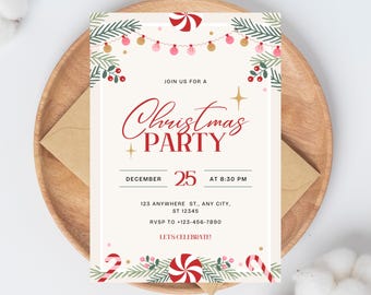 Modern Beige & Red Christmas Party Invitation | Editable Holiday Digital Template | Festive Xmas Dinner Invite