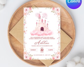 Watercolor Princess Birthday Invitation – Pink Castle, Editable Canva Template (Digital)