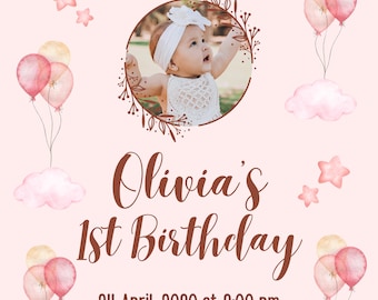 Editable Birthday Invite | Pink & Brown Watercolor Illustration | Digital Baby Girl Invitation Template