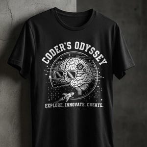 Maglietta Coders Odyssey Programmazione Sviluppatore Arte Tecnologia Cervello Esplora Innova Crea Maglietta creativa Coding