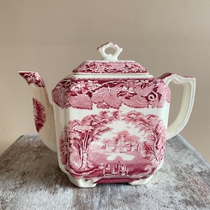 Mason's Vista Red Transferware Vintage englisches Steingut - Quadratische Teekanne - Englische Geschirrkollektion - Vintage-Teekanne