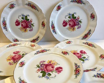Set di 7 piattini da dessert vintage Winterling Bavaria, in porcellana tedesca con fiori rosa, stoviglie antiche con finiture dorate, stile shabby chic.