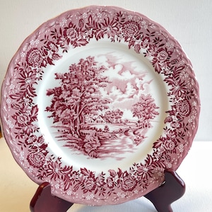 Plato Vintage Country Life de W.H. Grindley – Staffordshire, Inglaterra, transferencia roja pintada a mano – Colección Vintage – decoración cottagecore