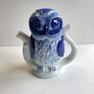 Op de afbeelding: Blauw-witte keramische theepot in de vorm van een uil. De theepot heeft de vorm van een uil, met een deksel, tuit en een takvormige handgreep. De veren van de uil zijn gedetailleerd met blauw-witte patronen beschilderd.