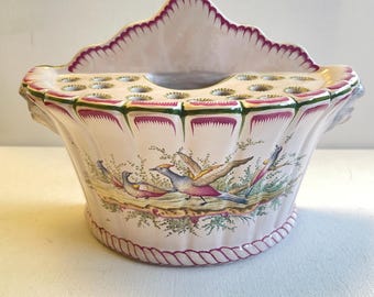 Vaso da fiori antico Rovina JS Epinal, portafiori vintage in terracotta, decorazione con uccellino dipinto a mano, arte floreale francese, raro elemento decorativo shabby chic!