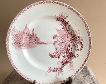 Plato antiguo Saint-Amand Trianon rojo, loza francesa, decoración de loza, querubines románticos, vajilla vintage, decoración de cocina shabby chic.