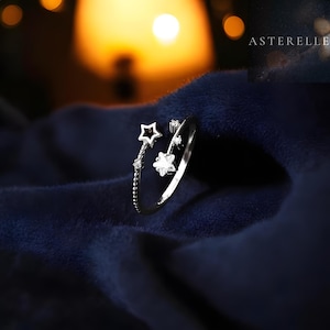 Srebrny regulowany pierścionek z kryształową gwiazdą, srebro próby 925, biżuteria inspirowana niebiańskim stylem, prezent dla niej, dodatek w kształcie spadającej gwiazdy