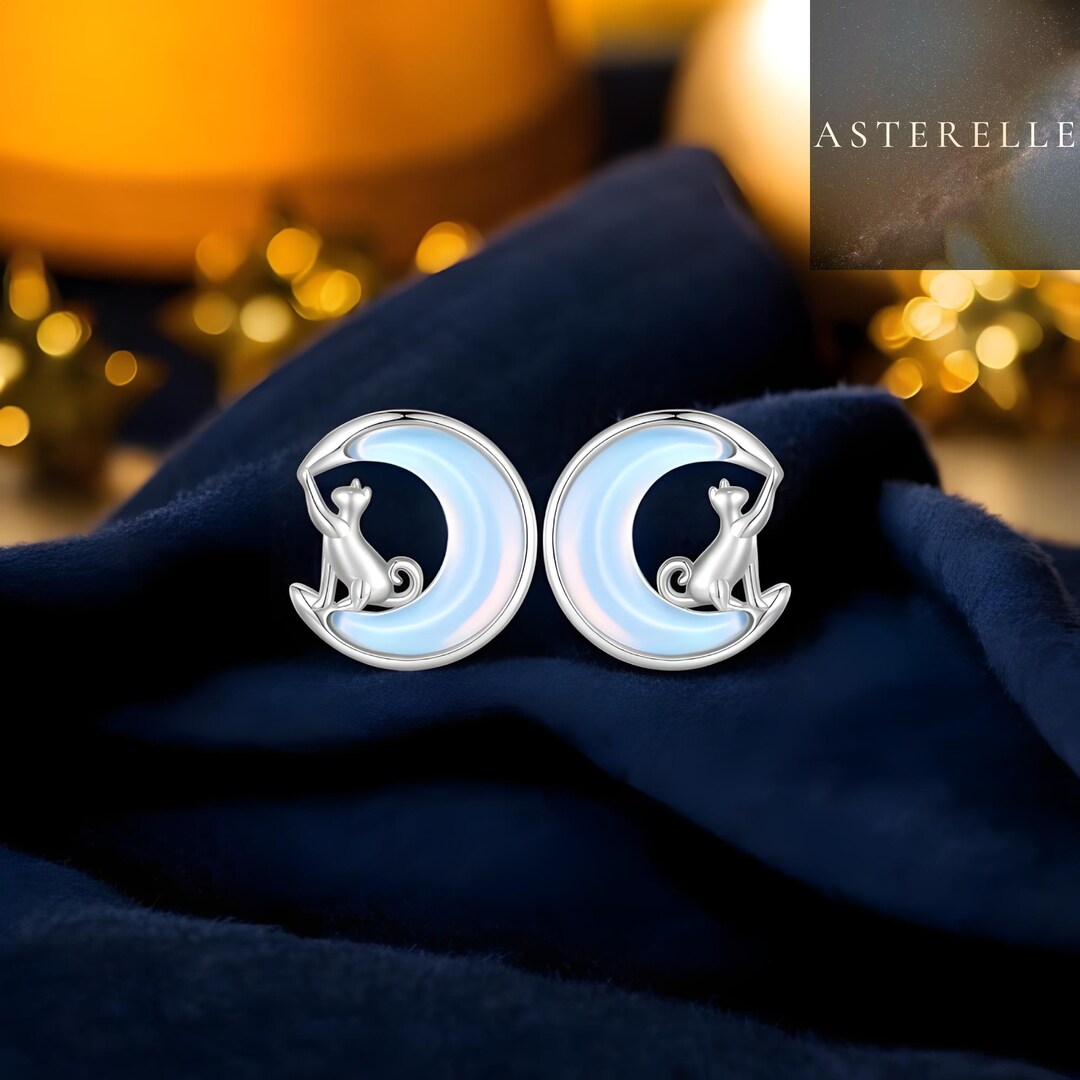 Sterling Silver Cat Moon Earrings: Celestial Kitten Jewelry  display picture 1