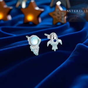 Sterling Silver Astronaut and Rocket Earrings: Celestial Space Jewelry
