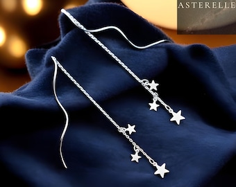 Sterling Silver Shooting Stars Threader Earrings, Celestial Galaxy Design