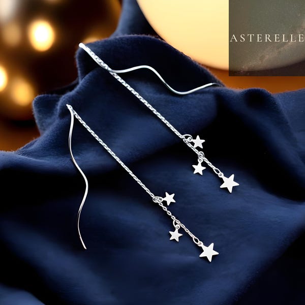 Sterling Silver Shooting Stars Threader Earrings, Celestial Galaxy Design