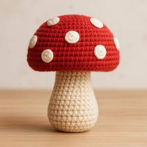 Op de afbeelding: Een handgemaakte gehaakte paddenstoel met een felrode kap versierd met witte stippen. De steel is lichtbeige van kleur. Dit grillige, decoratieve item is perfect om een vleugje door de natuur geïnspireerde charme aan elke ruimte toe te voegen.