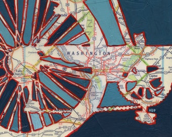 May include: A stylized map of Washington, D.C. with a blue and red color scheme. The map is divided into sections with a radial pattern, creating a unique and artistic design.