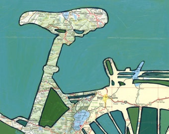 Lake Tahoe // bike map on paper or wood panel / Truckee, Reno, Sparks, California, Sierra Nevada, Donner  bicycle, cycle, art