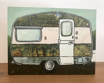 Elevation - original painting - featuring camper with vintage linen postcards and topography maps - trees, woods, camping, rv, adventure