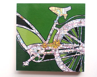 Dallas // print on paper or wood / Dallas, Fort Worth, Arlington, Lancaster,  University Park, Texas  bicycle art mounted to wood