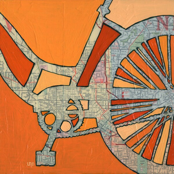 Bike Atlanta no. 1 - orange bicycle art print of bike map featuring downtown Atlanta Georgia, Grant Park, Piedmont Park