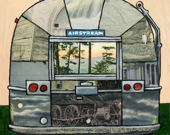 Airstream // camper print on paper or wood panel / mixed media art / vintage postcards / travel trailer